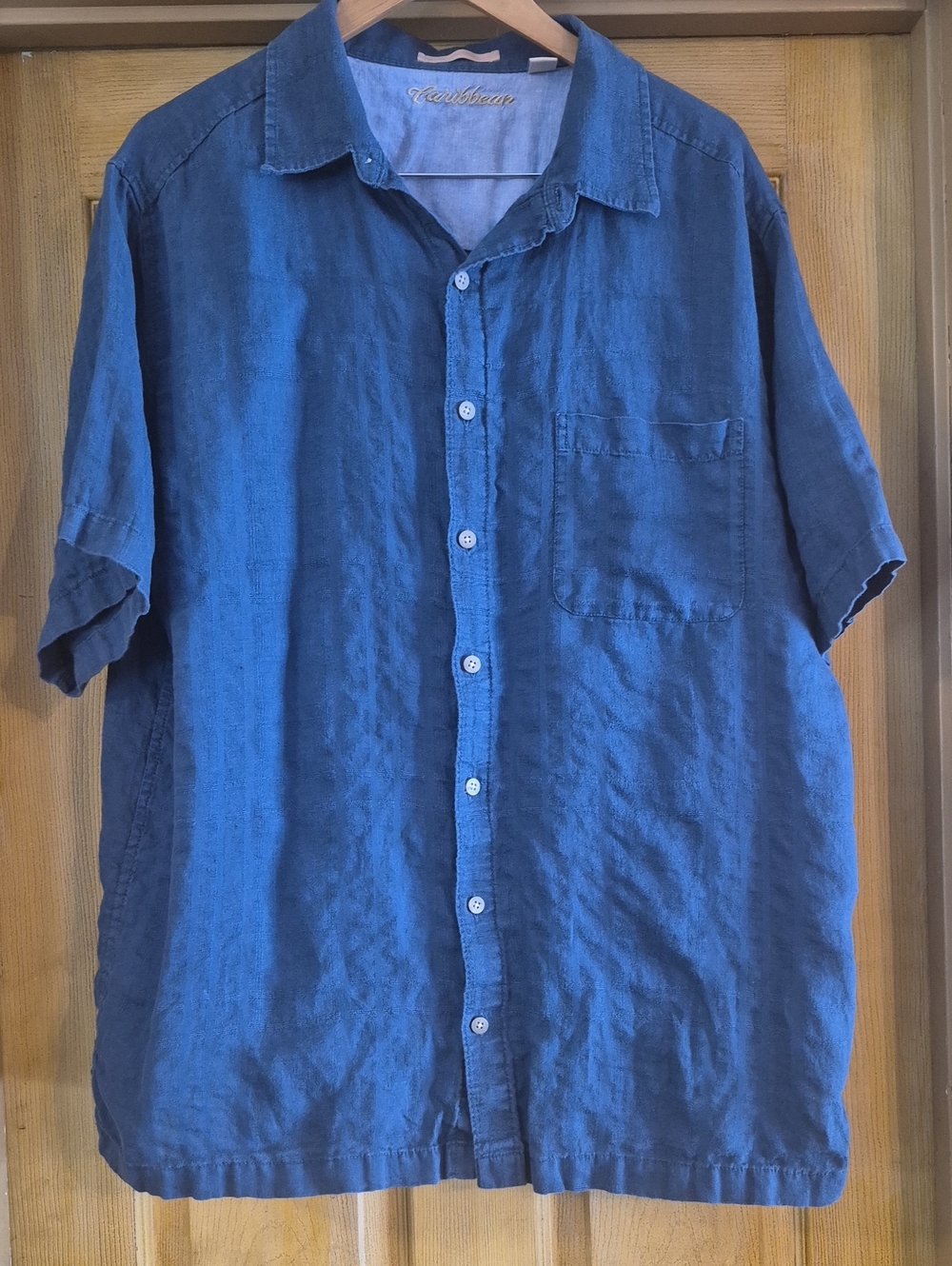 Caribbean Linen Short Sleeve Pocketed Mens Shirt Button Up Navy Blue XLT